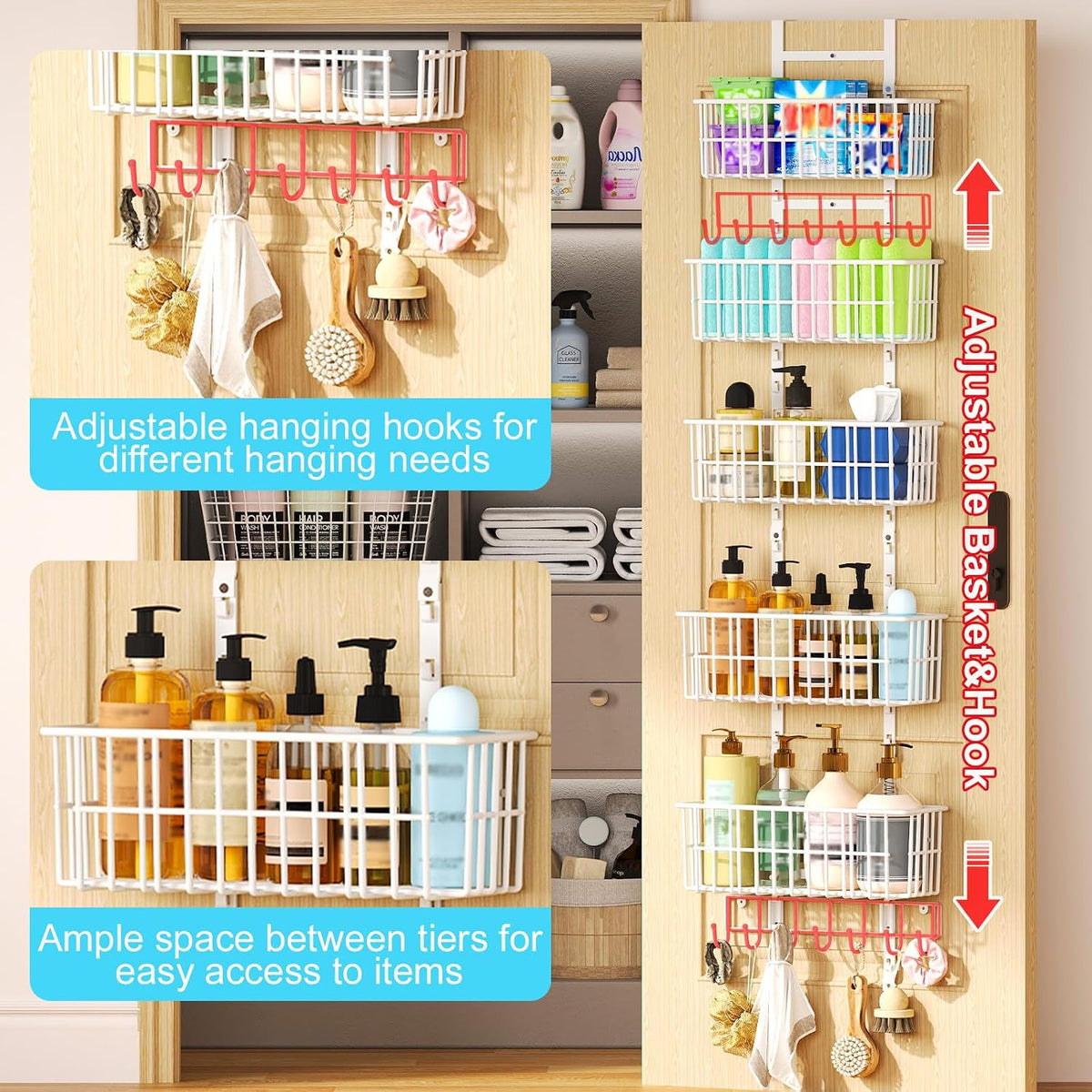 Adjustable Over the Door Organizer, Metal Hanging Door Organizer with 5 Wire Basket 7 Hooks, Wall Mounted Shelf for Pantry Laundry Organization and Storage, Black