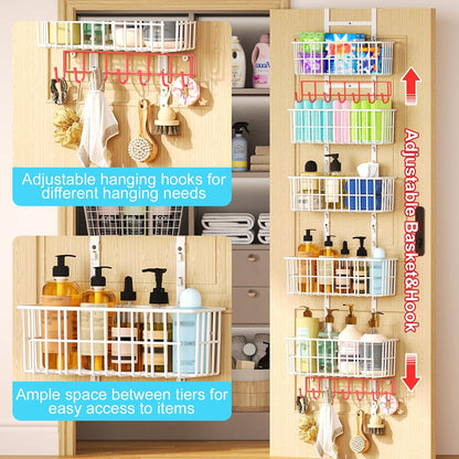Adjustable Over the Door Organizer, Metal Hanging Door Organizer with 5 Wire Basket 7 Hooks, Wall Mounted Shelf for Pantry Laundry Organization and Storage, Black