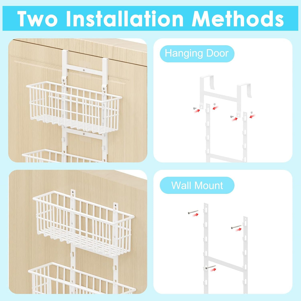 Adjustable Over the Door Organizer, Metal Hanging Door Organizer with 5 Wire Basket 7 Hooks, Wall Mounted Shelf for Pantry Laundry Organization and Storage, Black