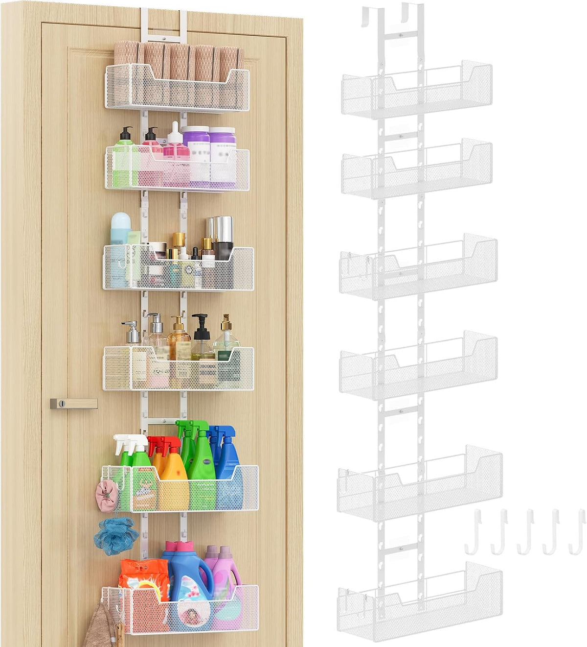 Adjustable Over the Door Organizer, Metal Hanging Door Organizer with 5 Wire Basket 7 Hooks, Wall Mounted Shelf for Pantry Laundry Organization and Storage, Black