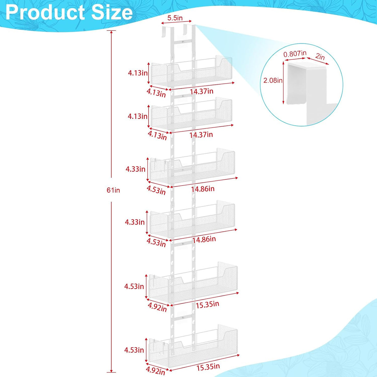 Adjustable Over the Door Organizer, Metal Hanging Door Organizer with 5 Wire Basket 7 Hooks, Wall Mounted Shelf for Pantry Laundry Organization and Storage, Black