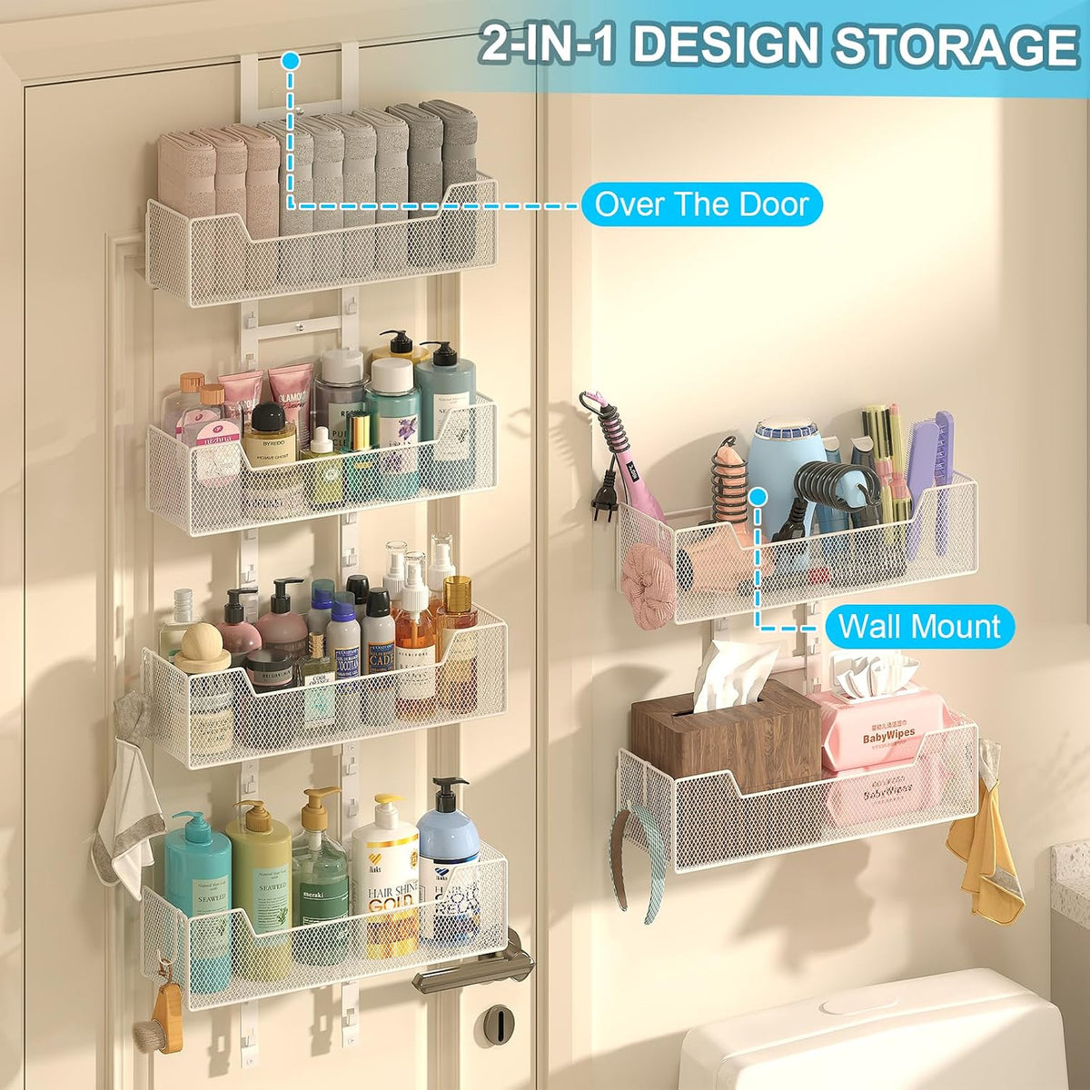 Adjustable Over the Door Organizer, Metal Hanging Door Organizer with 5 Wire Basket 7 Hooks, Wall Mounted Shelf for Pantry Laundry Organization and Storage, Black