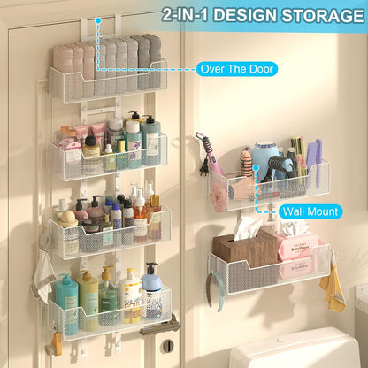 Adjustable Over the Door Organizer, Metal Hanging Door Organizer with 5 Wire Basket 7 Hooks, Wall Mounted Shelf for Pantry Laundry Organization and Storage, Black