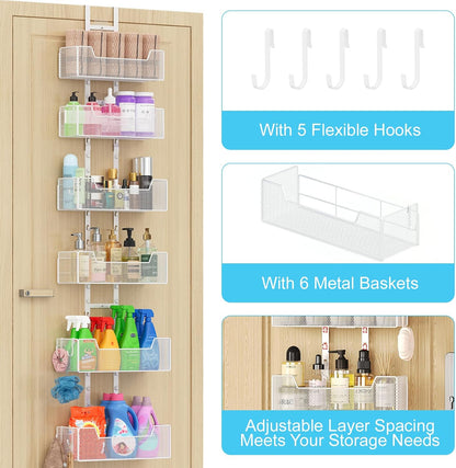 Adjustable Over the Door Organizer, Metal Hanging Door Organizer with 5 Wire Basket 7 Hooks, Wall Mounted Shelf for Pantry Laundry Organization and Storage, Black