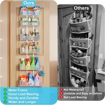 Adjustable Over the Door Organizer, Metal Hanging Door Organizer with 5 Wire Basket 7 Hooks, Wall Mounted Shelf for Pantry Laundry Organization and Storage, Black