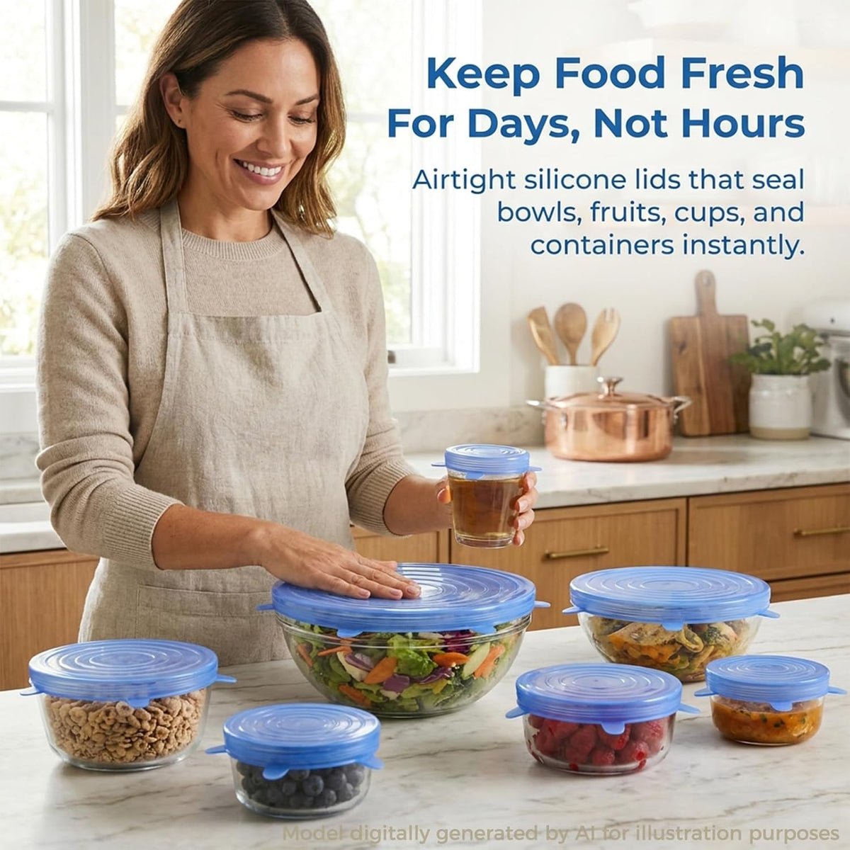 Silicone Stretch Lids, 6-Piece Reusable Bowl Covers (6, Blue)