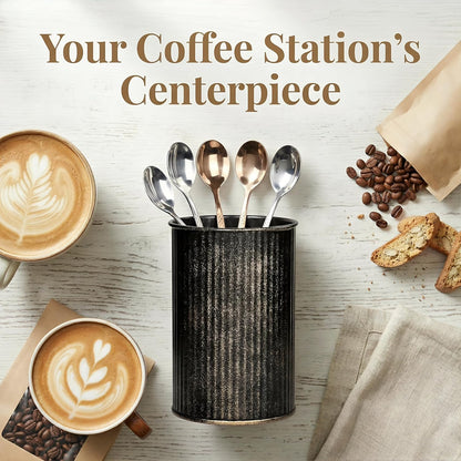 Metal Coffee Spoon Holder for Coffee Bar, Upright Tea Spoon Holder Cup, Coffee Stirrers Straws Holder, Coffee Stir Stick Holder, Tiny Utensil Holder for Spoons and Forks, Solid Black