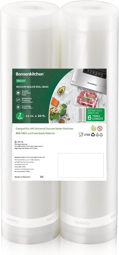 Vacuum Sealer Bags, 11" x 20' Rolls 2 Pack for Food Storage