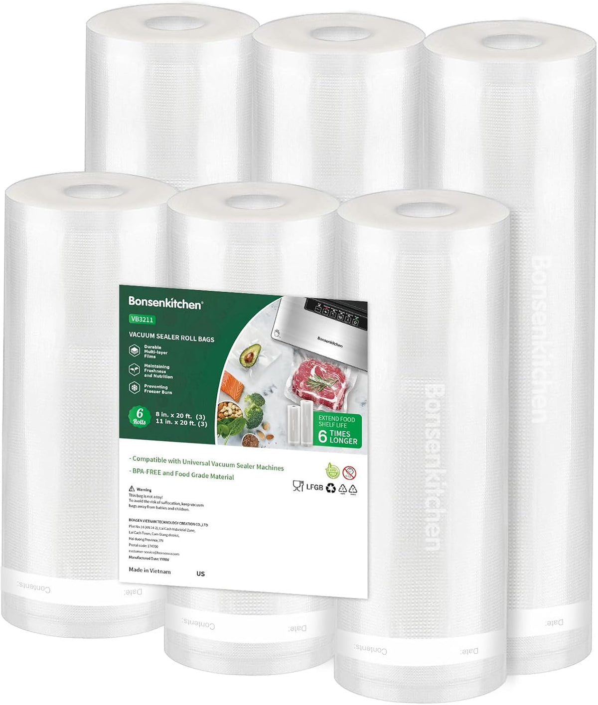 Vacuum Sealer Bags, 11" x 20' Rolls 2 Pack for Food Storage