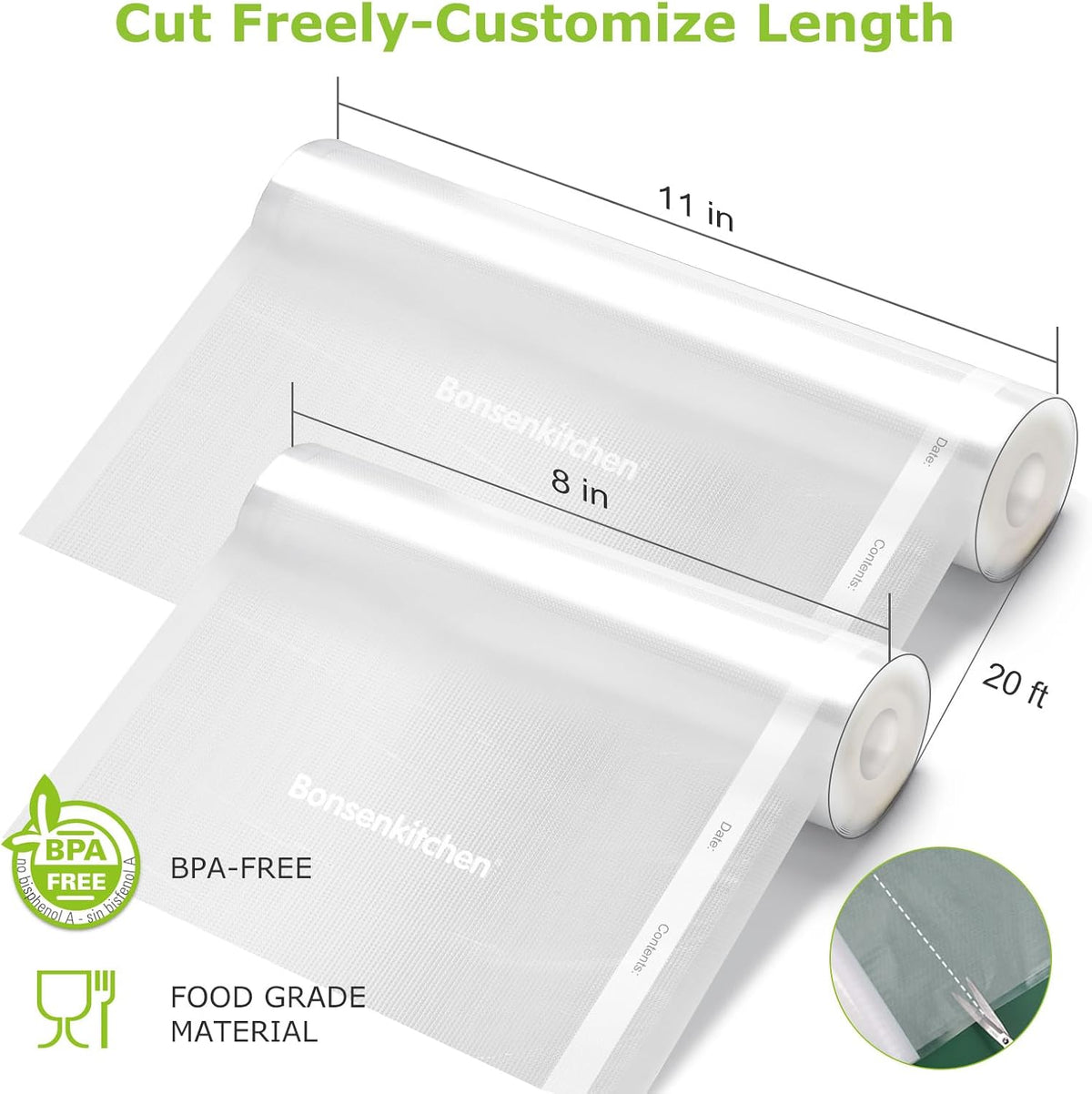 Vacuum Sealer Bags, 11" x 20' Rolls 2 Pack for Food Storage