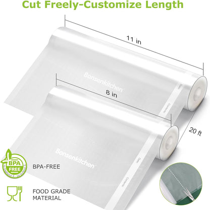 Vacuum Sealer Bags, 11" x 20' Rolls 2 Pack for Food Storage