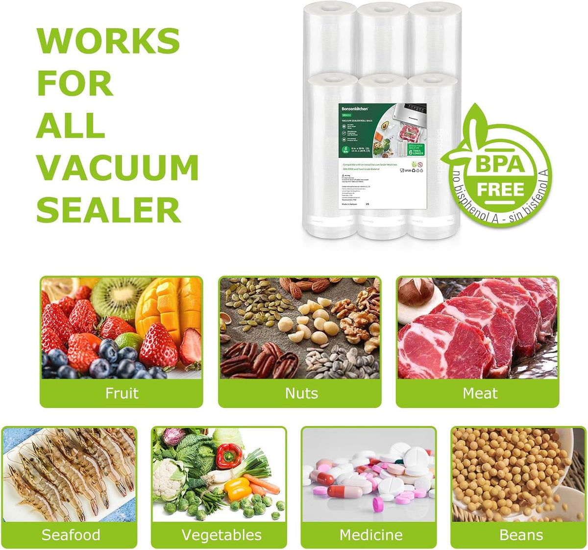 Vacuum Sealer Bags, 11" x 20' Rolls 2 Pack for Food Storage