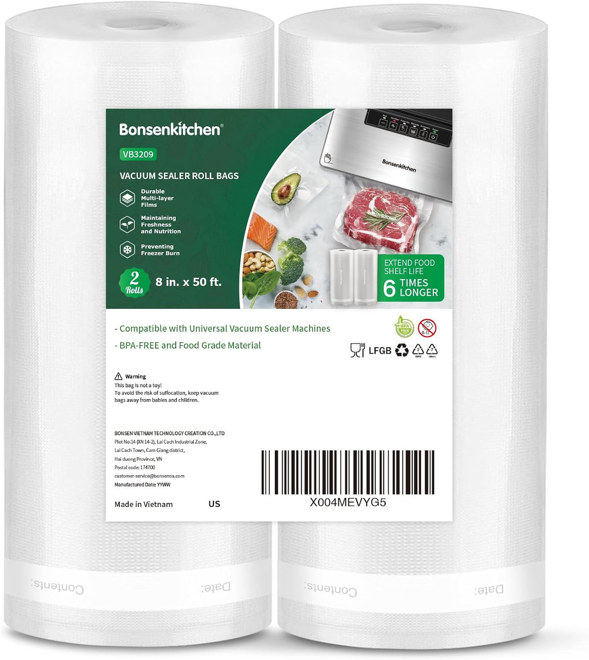 Vacuum Sealer Bags, 11" x 20' Rolls 2 Pack for Food Storage