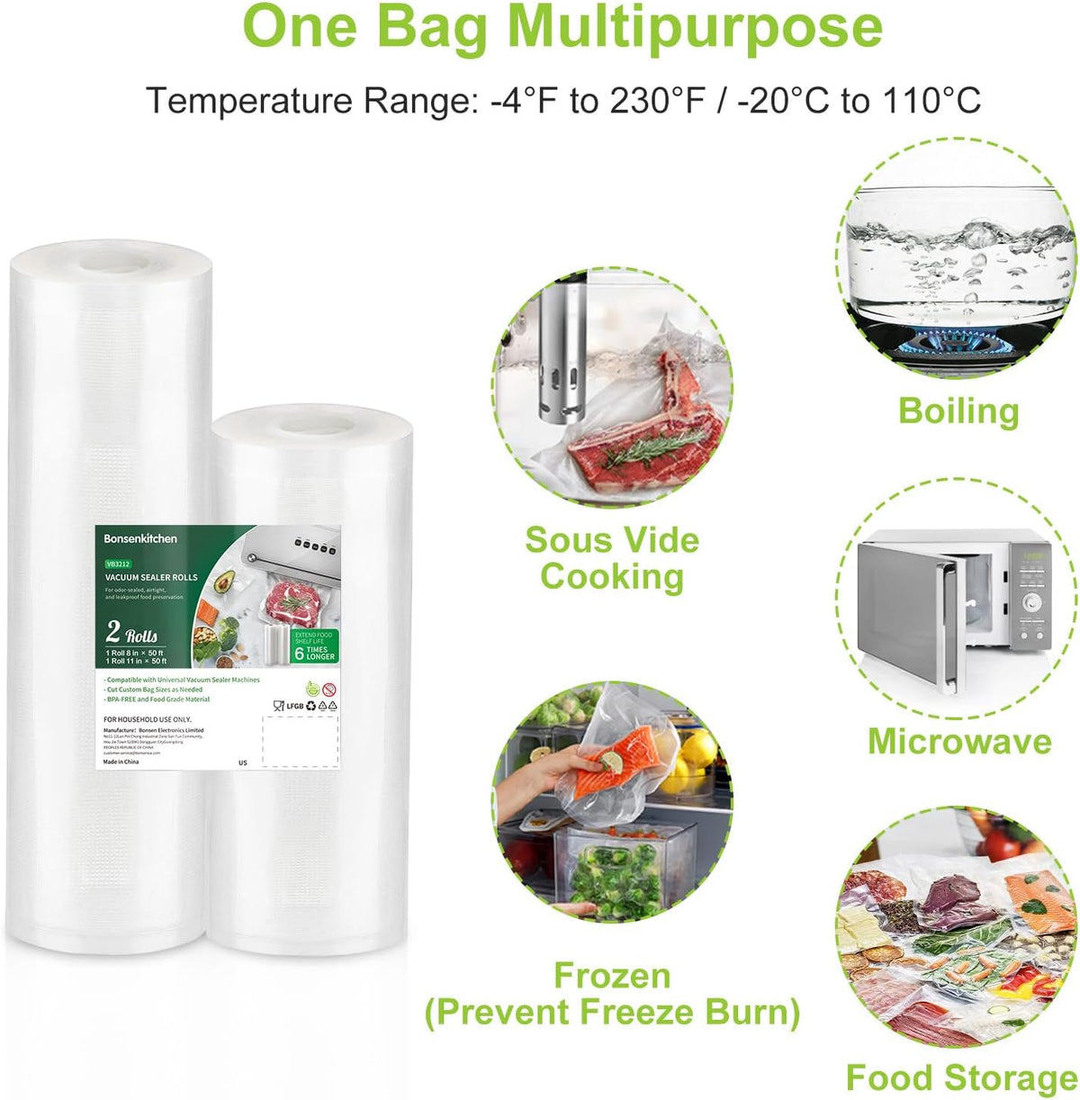 Vacuum Sealer Bags, 11" x 20' Rolls 2 Pack for Food Storage
