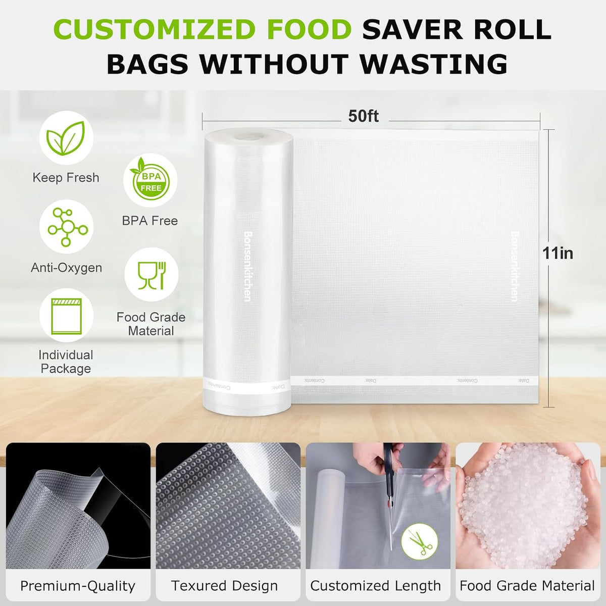 Vacuum Sealer Bags, 11" x 20' Rolls 2 Pack for Food Storage