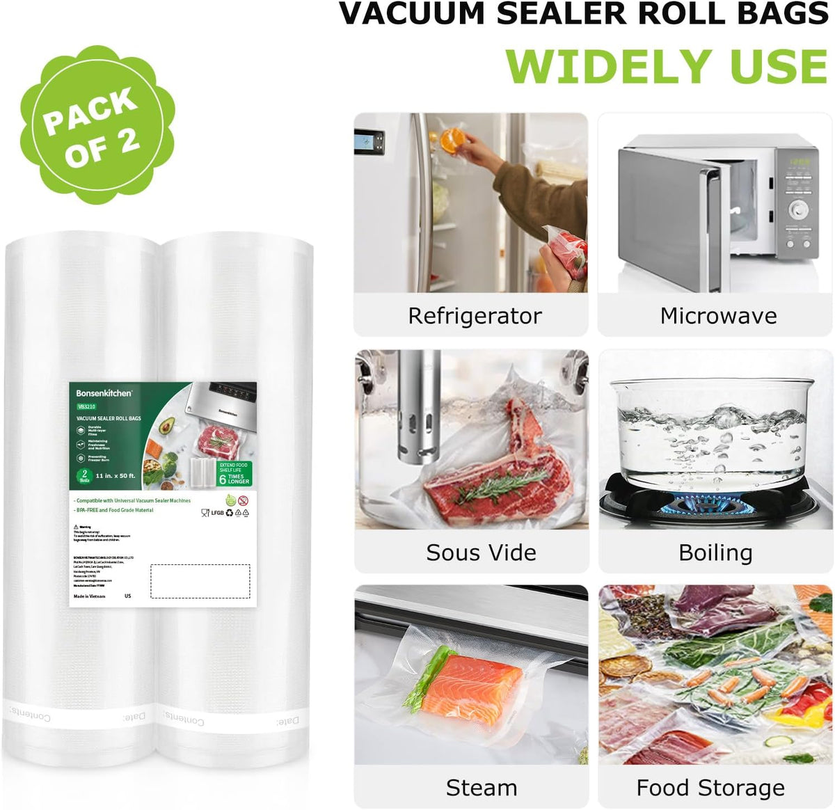 Vacuum Sealer Bags, 11" x 20' Rolls 2 Pack for Food Storage