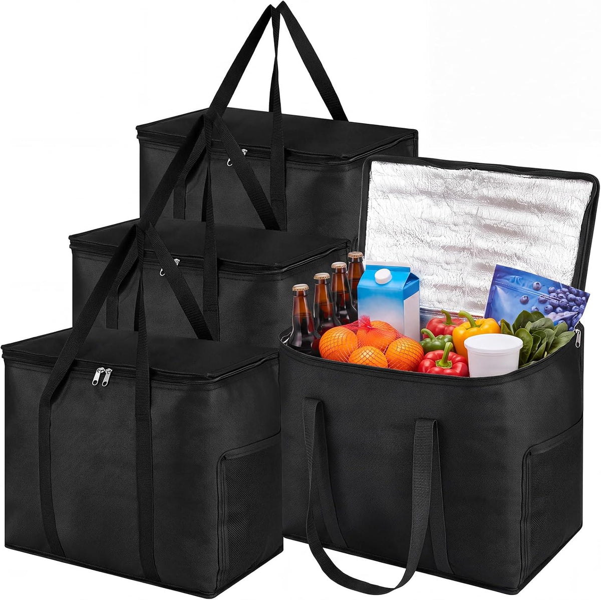 Insulated Reusable Grocery Bags, 30L Cooler Bag Black - Heavy Duty Food Delivery Collapsible