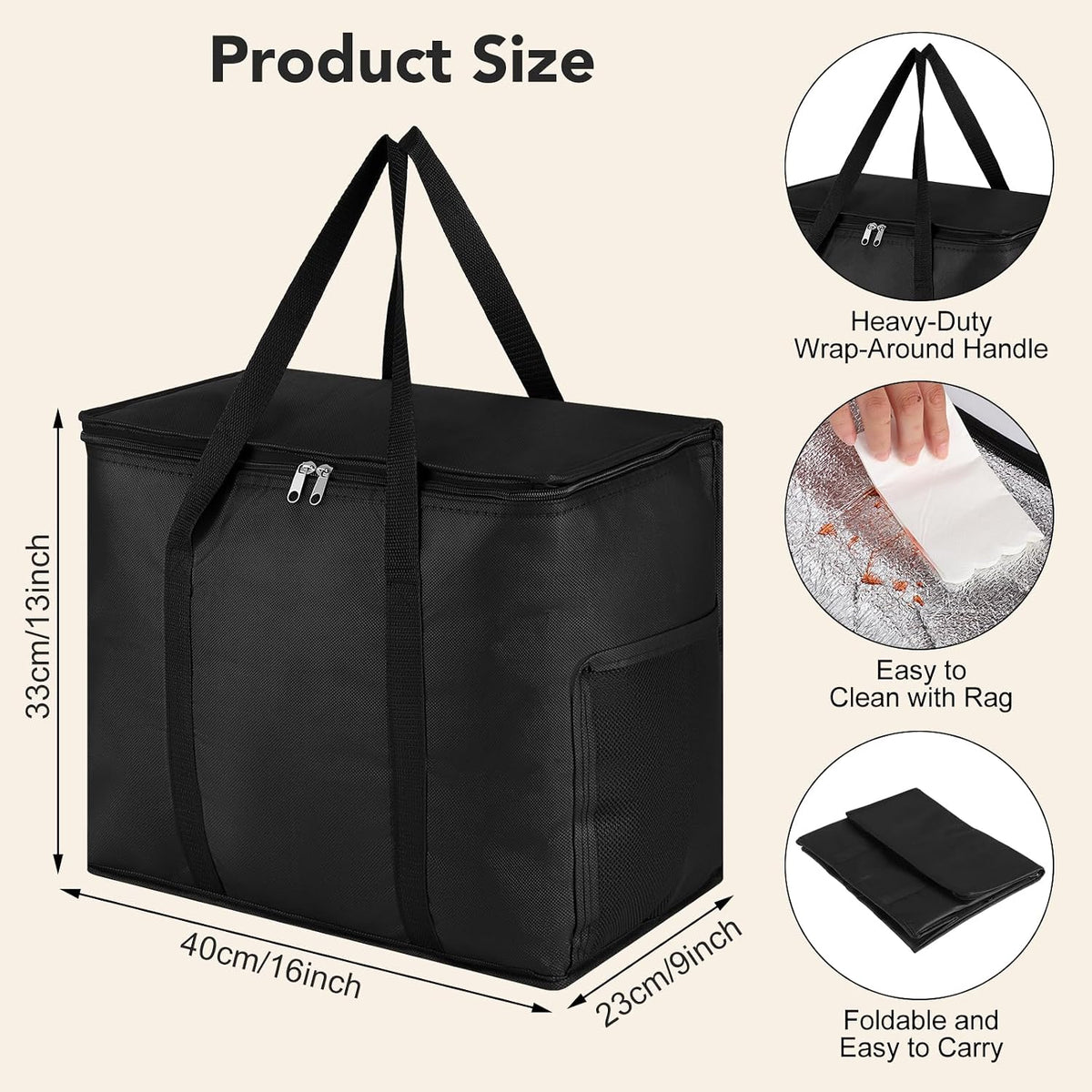 Insulated Reusable Grocery Bags, 30L Cooler Bag Black - Heavy Duty Food Delivery Collapsible