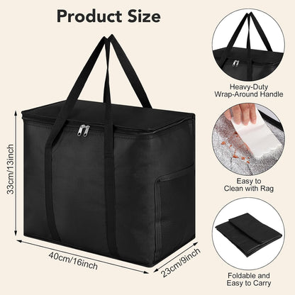 Insulated Reusable Grocery Bags, 30L Cooler Bag Black - Heavy Duty Food Delivery Collapsible