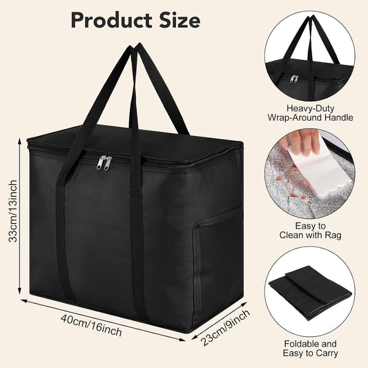 Insulated Reusable Grocery Bags, 30L Cooler Bag Black - Heavy Duty Food Delivery Collapsible