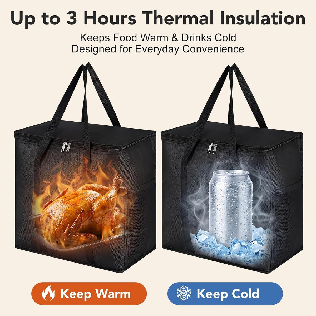 Insulated Reusable Grocery Bags, 30L Cooler Bag Black - Heavy Duty Food Delivery Collapsible