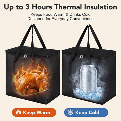 Insulated Reusable Grocery Bags, 30L Cooler Bag Black - Heavy Duty Food Delivery Collapsible