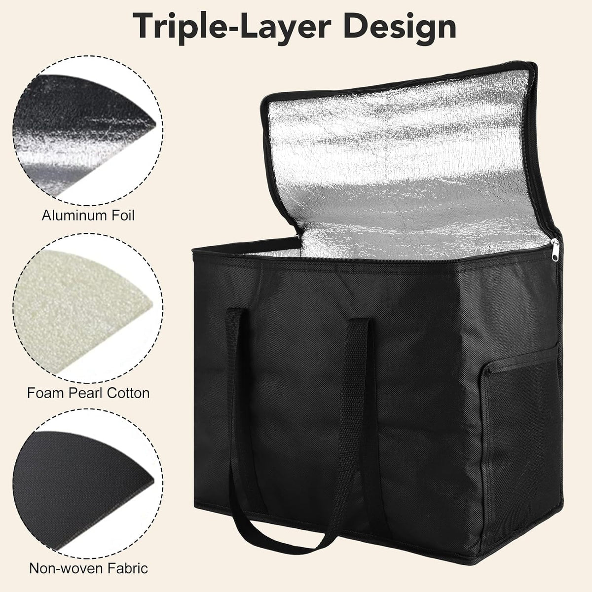 Insulated Reusable Grocery Bags, 30L Cooler Bag Black - Heavy Duty Food Delivery Collapsible
