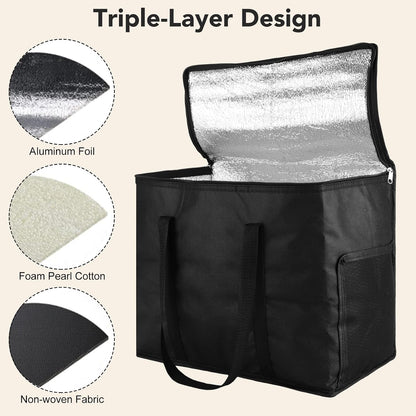 Insulated Reusable Grocery Bags, 30L Cooler Bag Black - Heavy Duty Food Delivery Collapsible