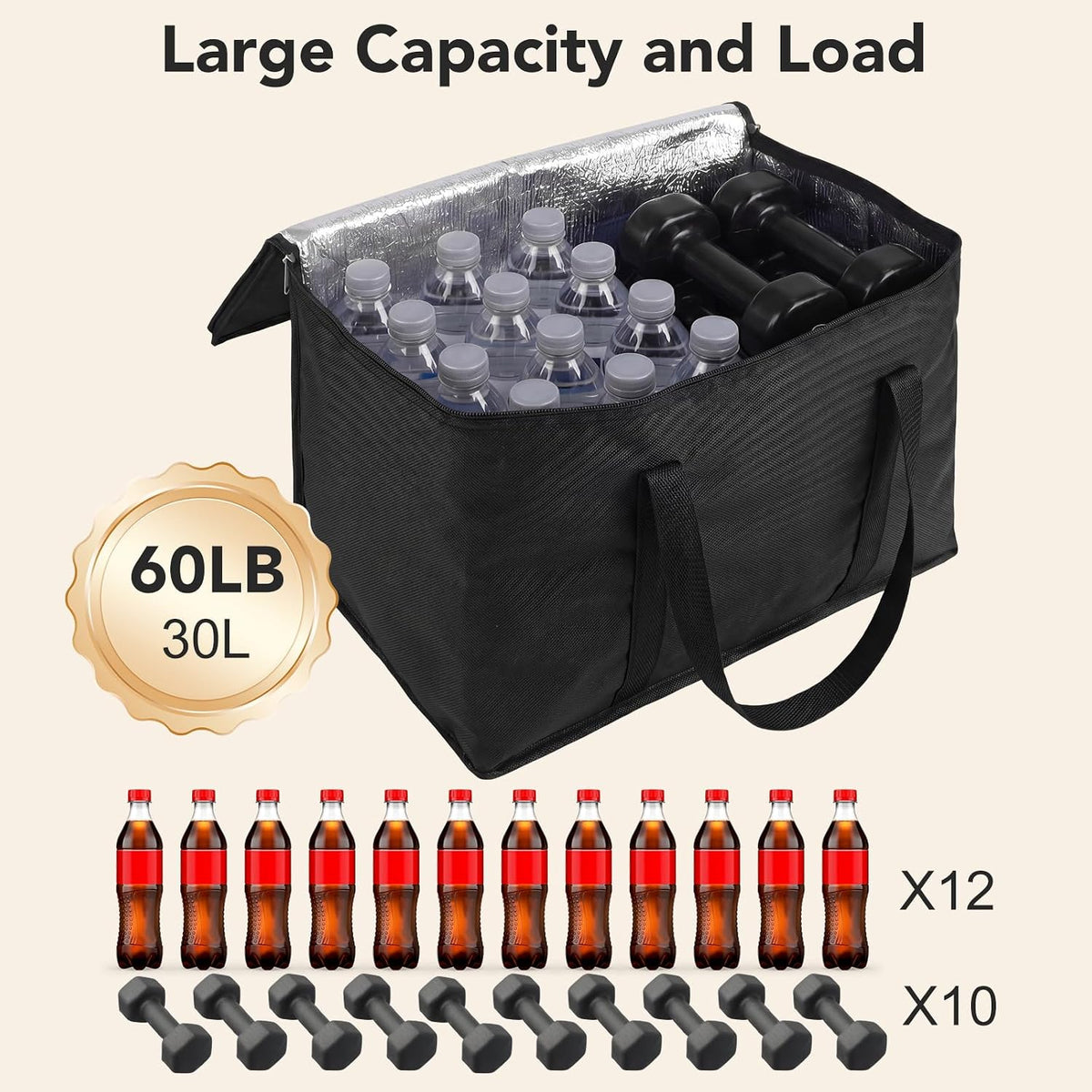 Insulated Reusable Grocery Bags, 30L Cooler Bag Black - Heavy Duty Food Delivery Collapsible