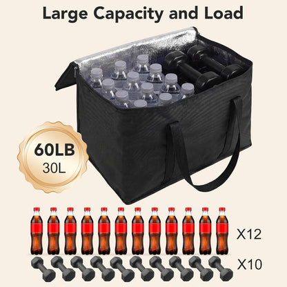 Insulated Reusable Grocery Bags, 30L Cooler Bag Black - Heavy Duty Food Delivery Collapsible