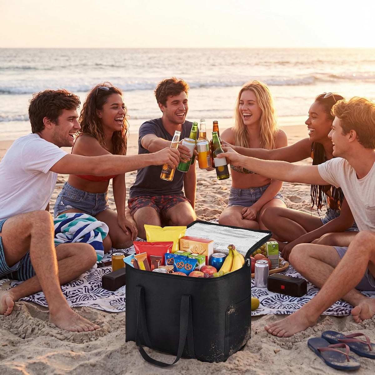 Insulated Reusable Grocery Bags, 30L Cooler Bag Black - Heavy Duty Food Delivery Collapsible