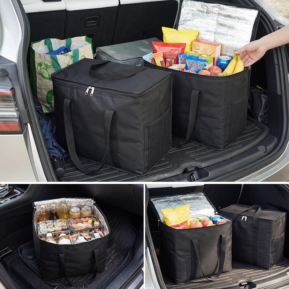 Insulated Reusable Grocery Bags, 30L Cooler Bag Black - Heavy Duty Food Delivery Collapsible