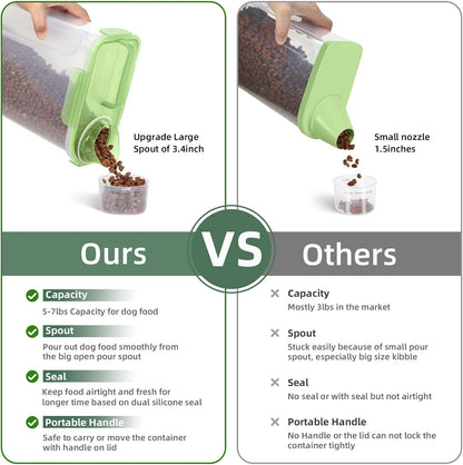 5-7Lbs Cat Dog Storage Container, Portable Pet Food Containers with Upgraded Large Spout and Cup, Small Animal Kibble Dispenser for Bird Seed, Oatmeal, Rice, Flour, Brown Sugart-Dark Green