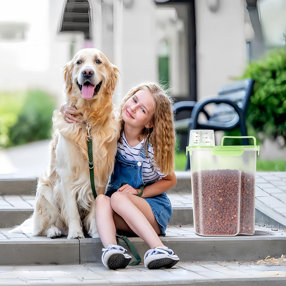 5-7Lbs Cat Dog Storage Container, Portable Pet Food Containers with Upgraded Large Spout and Cup, Small Animal Kibble Dispenser for Bird Seed, Oatmeal, Rice, Flour, Brown Sugart-Dark Green