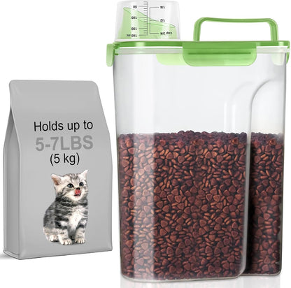 5-7Lbs Cat Dog Storage Container, Portable Pet Food Containers with Upgraded Large Spout and Cup, Small Animal Kibble Dispenser for Bird Seed, Oatmeal, Rice, Flour, Brown Sugart-Dark Green