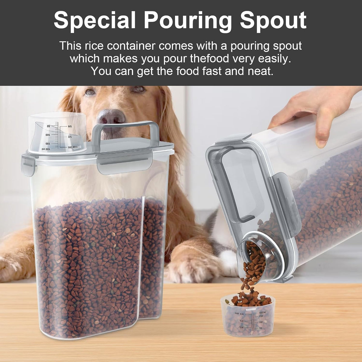 5-7Lbs Cat Dog Storage Container, Portable Pet Food Containers with Upgraded Large Spout and Cup, Small Animal Kibble Dispenser for Bird Seed, Oatmeal, Rice, Flour, Brown Sugart-Dark Green