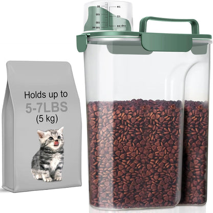 5-7Lbs Cat Dog Storage Container, Portable Pet Food Containers with Upgraded Large Spout and Cup, Small Animal Kibble Dispenser for Bird Seed, Oatmeal, Rice, Flour, Brown Sugart-Dark Green