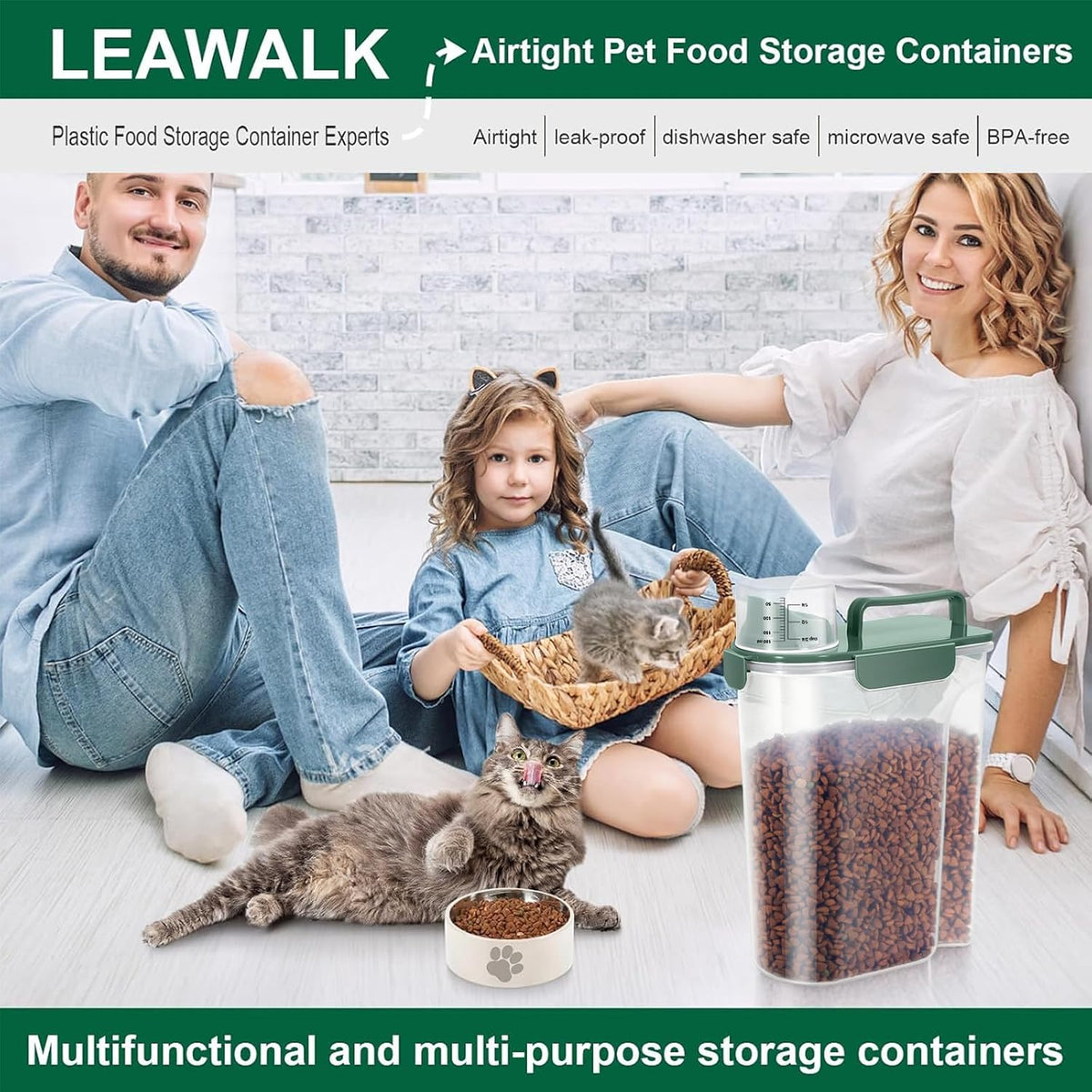 5-7Lbs Cat Dog Storage Container, Portable Pet Food Containers with Upgraded Large Spout and Cup, Small Animal Kibble Dispenser for Bird Seed, Oatmeal, Rice, Flour, Brown Sugart-Dark Green