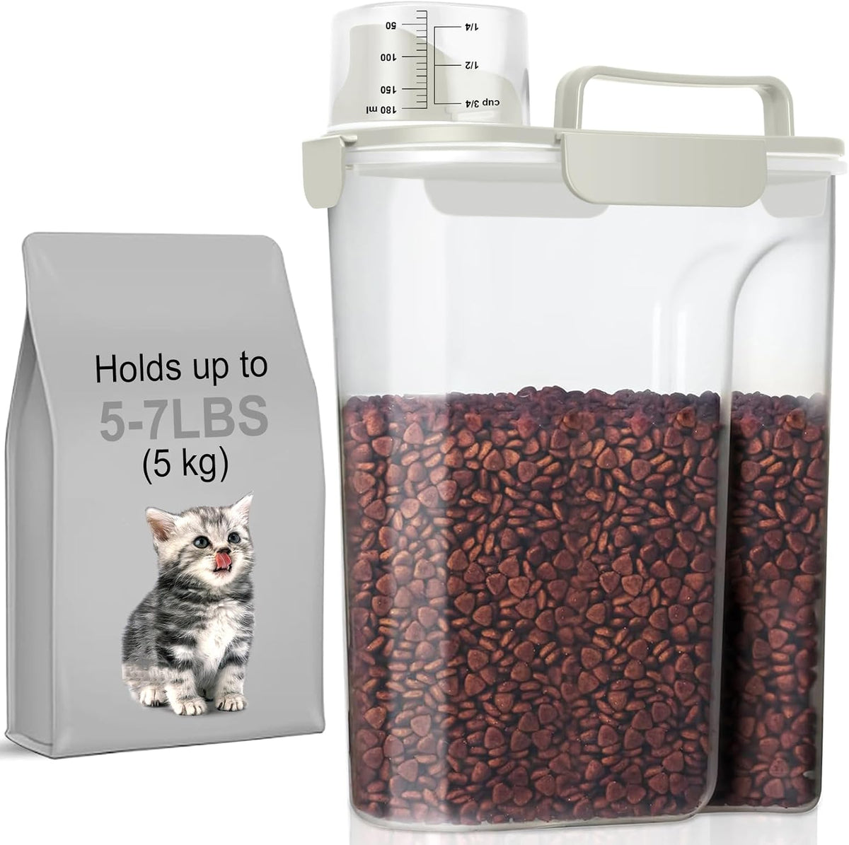 5-7Lbs Cat Dog Storage Container, Portable Pet Food Containers with Upgraded Large Spout and Cup, Small Animal Kibble Dispenser for Bird Seed, Oatmeal, Rice, Flour, Brown Sugart-Dark Green