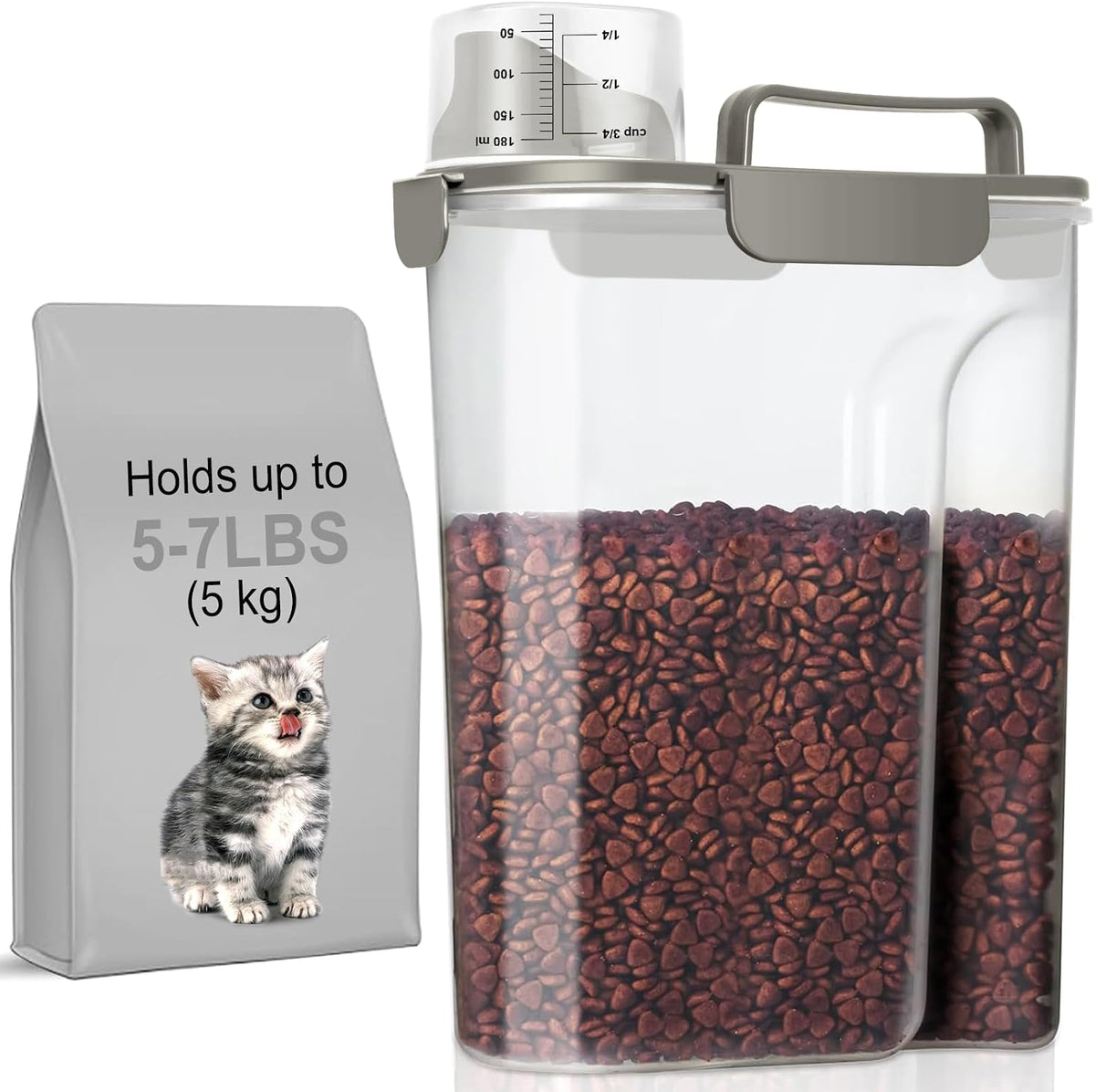5-7Lbs Cat Dog Storage Container, Portable Pet Food Containers with Upgraded Large Spout and Cup, Small Animal Kibble Dispenser for Bird Seed, Oatmeal, Rice, Flour, Brown Sugart-Dark Green