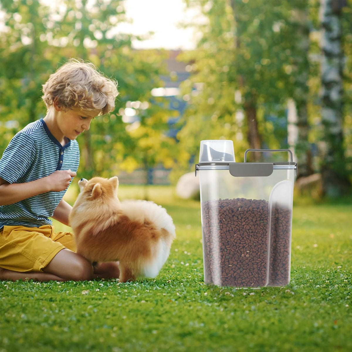 5-7Lbs Cat Dog Storage Container, Portable Pet Food Containers with Upgraded Large Spout and Cup, Small Animal Kibble Dispenser for Bird Seed, Oatmeal, Rice, Flour, Brown Sugart-Dark Green