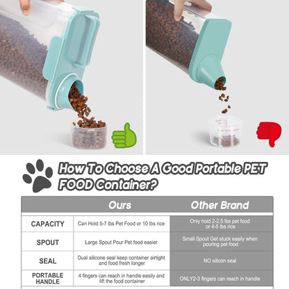 5-7Lbs Cat Dog Storage Container, Portable Pet Food Containers with Upgraded Large Spout and Cup, Small Animal Kibble Dispenser for Bird Seed, Oatmeal, Rice, Flour, Brown Sugart-Dark Green