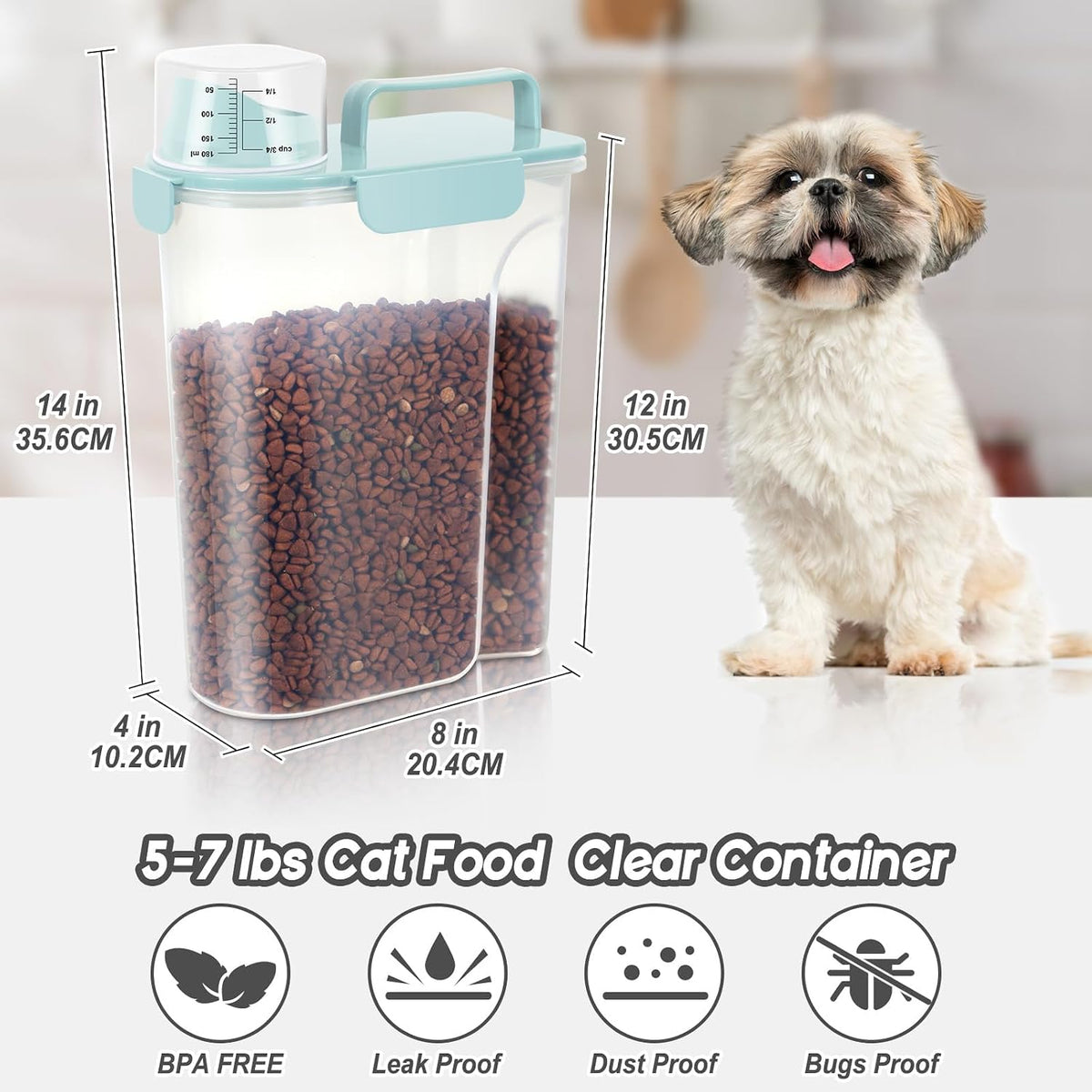 5-7Lbs Cat Dog Storage Container, Portable Pet Food Containers with Upgraded Large Spout and Cup, Small Animal Kibble Dispenser for Bird Seed, Oatmeal, Rice, Flour, Brown Sugart-Dark Green