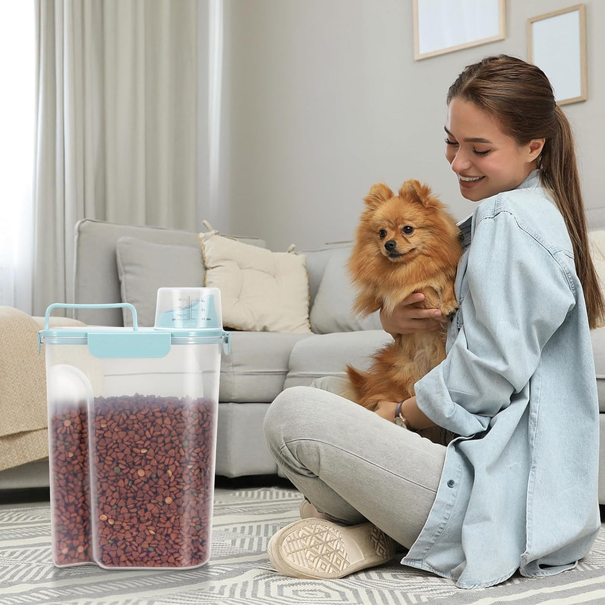 5-7Lbs Cat Dog Storage Container, Portable Pet Food Containers with Upgraded Large Spout and Cup, Small Animal Kibble Dispenser for Bird Seed, Oatmeal, Rice, Flour, Brown Sugart-Dark Green