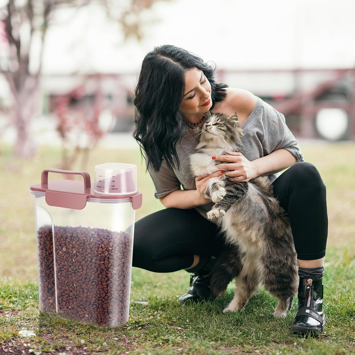5-7Lbs Cat Dog Storage Container, Portable Pet Food Containers with Upgraded Large Spout and Cup, Small Animal Kibble Dispenser for Bird Seed, Oatmeal, Rice, Flour, Brown Sugart-Dark Green