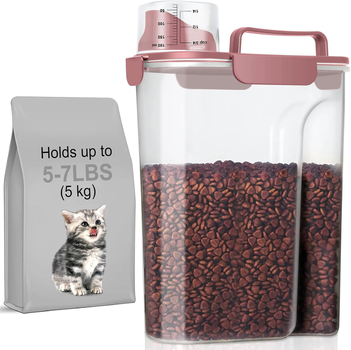 5-7Lbs Cat Dog Storage Container, Portable Pet Food Containers with Upgraded Large Spout and Cup, Small Animal Kibble Dispenser for Bird Seed, Oatmeal, Rice, Flour, Brown Sugart-Dark Green