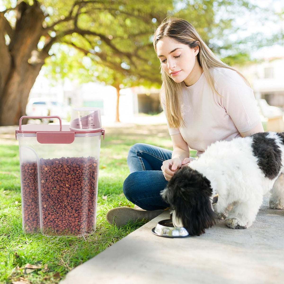 5-7Lbs Cat Dog Storage Container, Portable Pet Food Containers with Upgraded Large Spout and Cup, Small Animal Kibble Dispenser for Bird Seed, Oatmeal, Rice, Flour, Brown Sugart-Dark Green