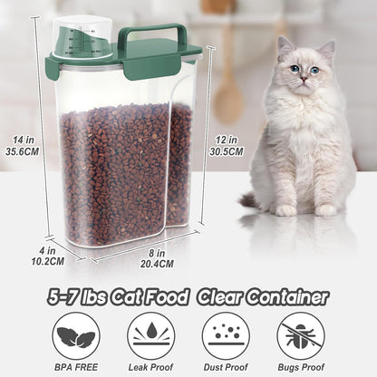 5-7Lbs Cat Dog Storage Container, Portable Pet Food Containers with Upgraded Large Spout and Cup, Small Animal Kibble Dispenser for Bird Seed, Oatmeal, Rice, Flour, Brown Sugart-Dark Green