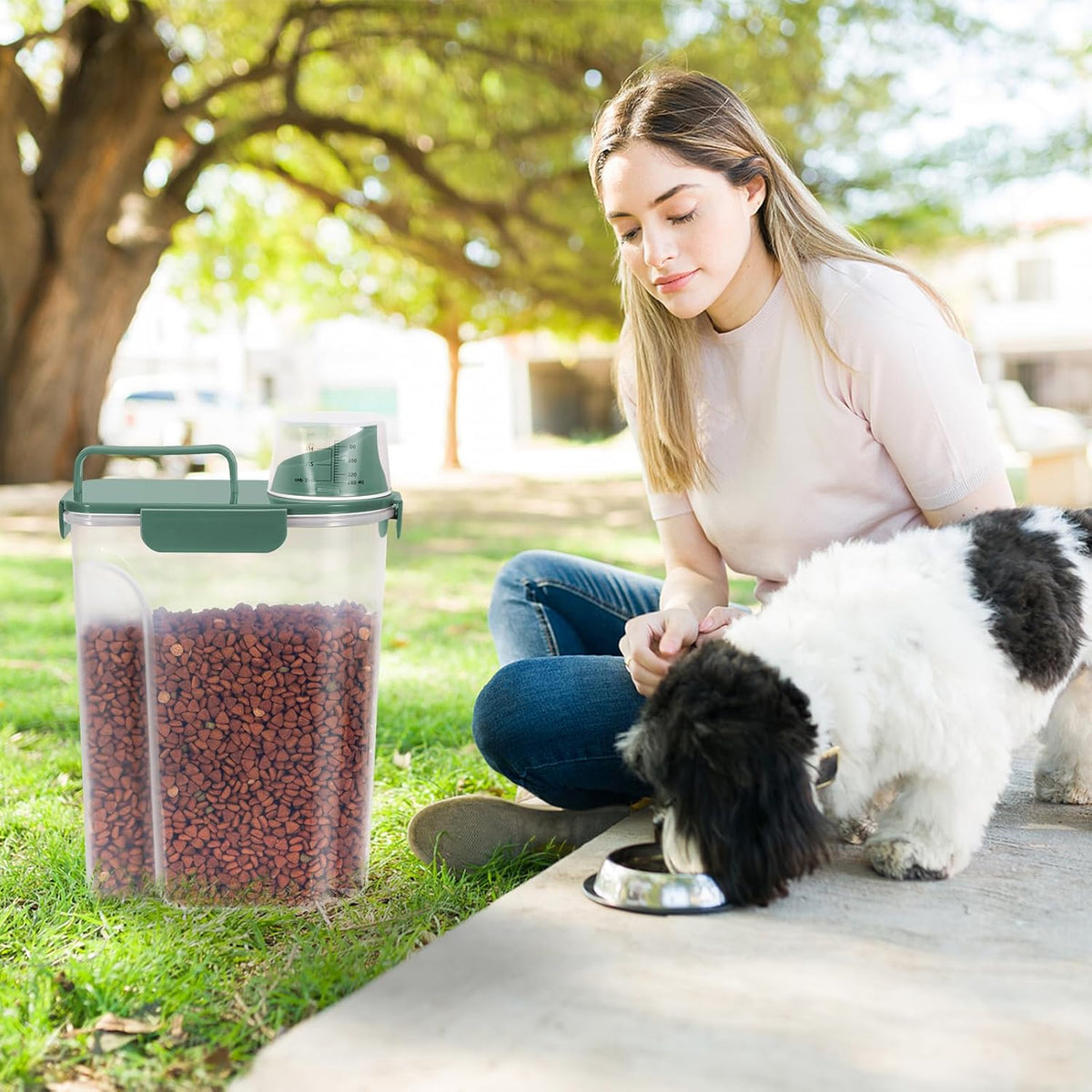 5-7Lbs Cat Dog Storage Container, Portable Pet Food Containers with Upgraded Large Spout and Cup, Small Animal Kibble Dispenser for Bird Seed, Oatmeal, Rice, Flour, Brown Sugart-Dark Green