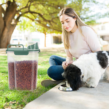 5-7Lbs Cat Dog Storage Container, Portable Pet Food Containers with Upgraded Large Spout and Cup, Small Animal Kibble Dispenser for Bird Seed, Oatmeal, Rice, Flour, Brown Sugart-Dark Green